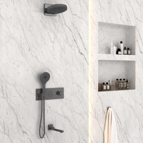 Душевая система Vincea VSFW-432TI1GM встраиваемая в стену цвет вороненая сталь с термостатом