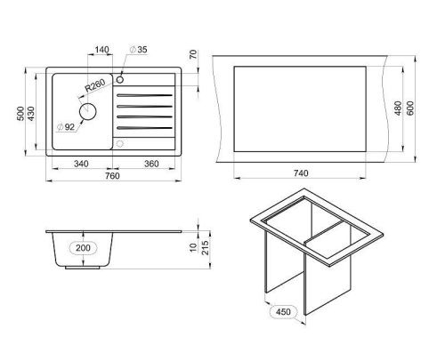 Кухонная мойка Granula Стандарт 7602, БАЗАЛЬТ 75х50 цвет серый поверхность матовая - фото 2