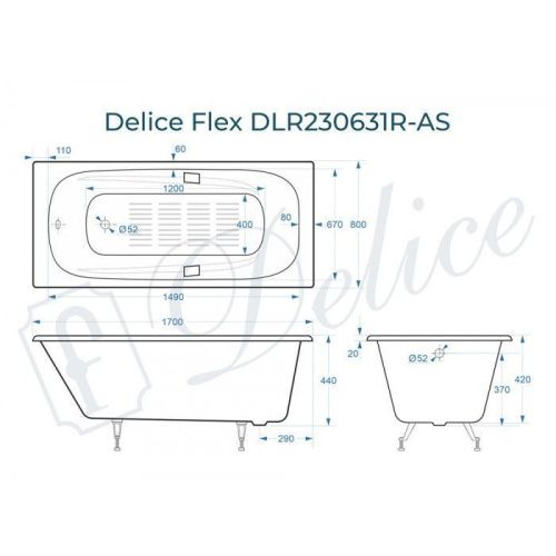 Ванна чугунная Delice Flex DLR230631R-AS 170х80 пристенная прямоугольная без ножек с отверстиями под ручки - фото 2