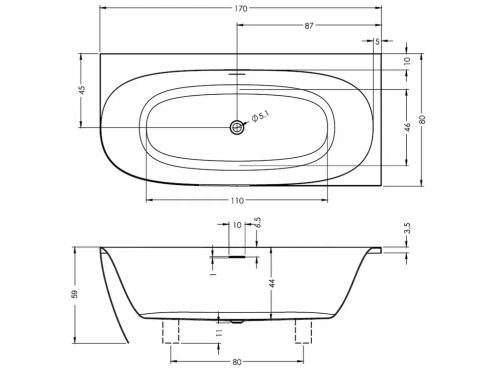 Ванна акриловая Riho OMEGA CORNER B098001005 170х80 пристенная асимметричная с ножками - фото 3