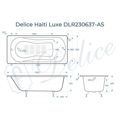 Ванна чугунная Delice Haiti Luxe DLR230637-AS 160х80 пристенная прямоугольная без ножек с антискользящим покрытием - фото 2