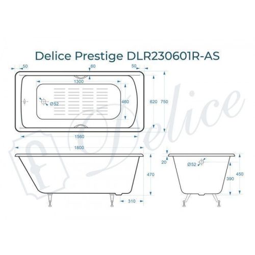 Ванна чугунная Delice Prestige DLR230601R-AS 180х75 пристенная прямоугольная без ножек с отверстиями под ручки - фото 2