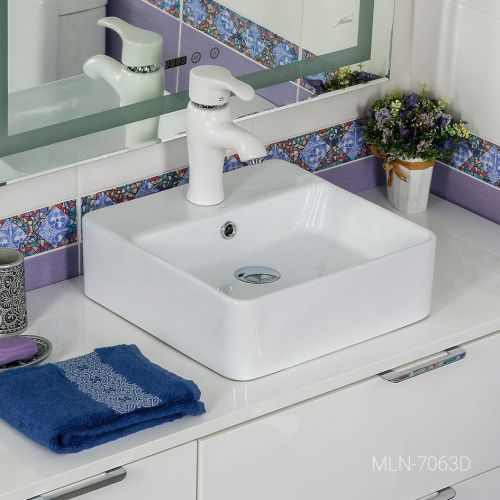 Раковина из сантехнического фарфора Melana 7063D-805 40х40 накладная цвет белый 1 отверстие под смеситель - фото 2