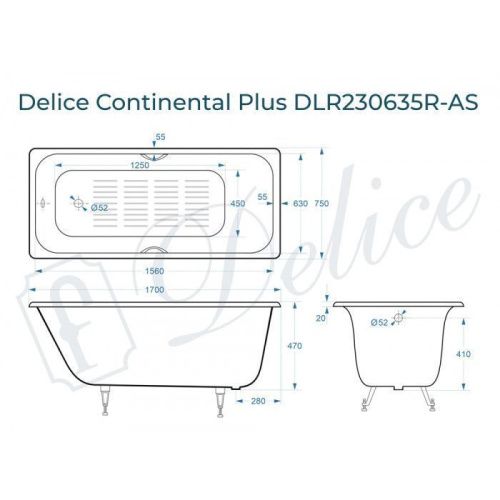 Ванна чугунная Delice Continental PLUS DLR230635R-AS 170х75 пристенная прямоугольная без ножек с отверстиями под ручки - фото 2