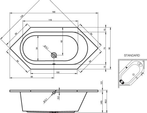 Ванна акриловая Riho KANSAS B035001005 190х90 пристенная асимметричная без ножек - фото 2