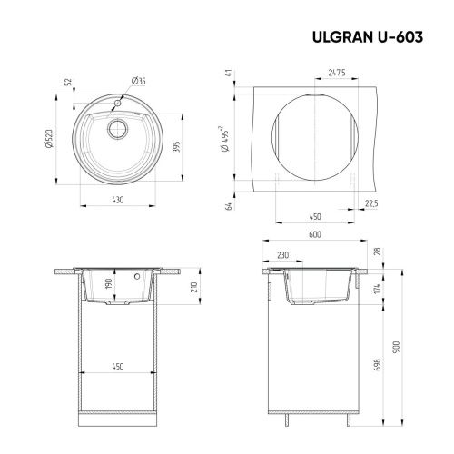 Кухонная мойка Ulgran Classic U-603-310 50х50 цвет серый - фото 2