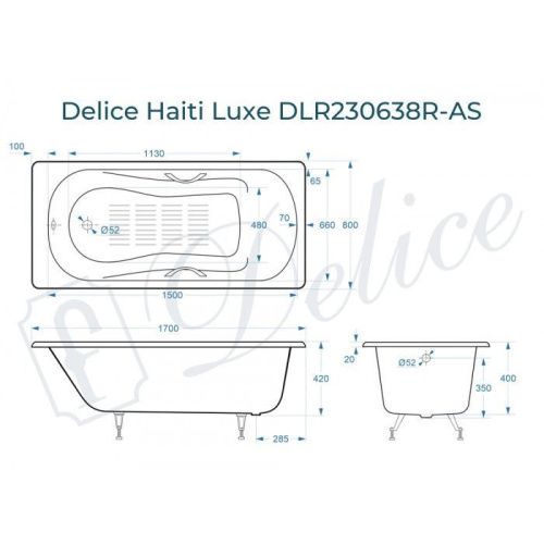 Ванна чугунная Delice Haiti Luxe DLR230638R-AS 170х80 пристенная прямоугольная без ножек с отверстиями под ручки - фото 2
