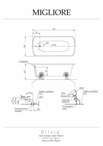 Ванна из искусственного камня Migliore OLIVIA 24633 175х80 пристенная прямоугольная с ножками - фото 2