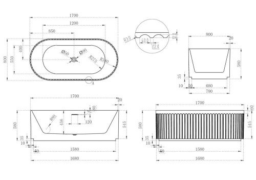 Ванна акриловая Abber AB9410-1.7 170х80 отдельностоящая овальная с каркасом - фото 5