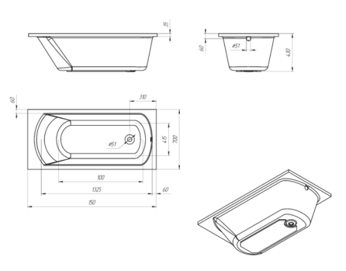 Ванна акриловая Aquanika Base A1015070021 150х70 пристенная прямоугольная - фото 4