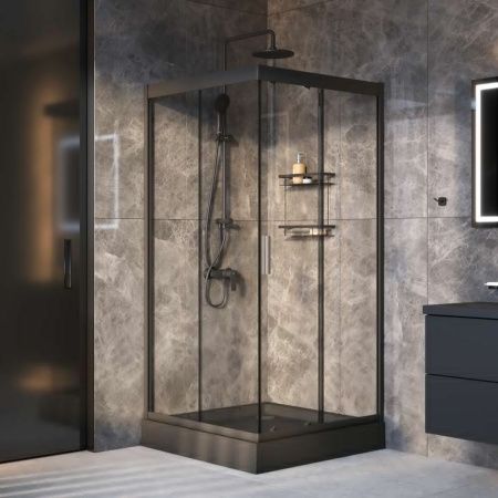Комплект душевого уголка с душевой системой и аксессуарами Am.Pm Gem WK90EO стекло прозрачное профиль черный без поддона