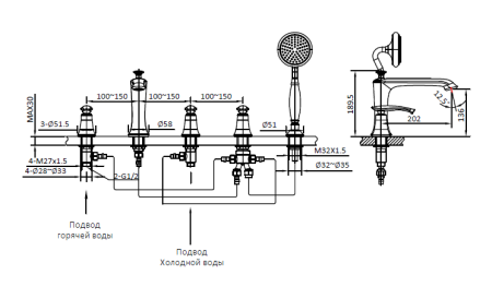 Смеситель для ванны AltroBagno Beatrice AltroBagnoBeatrice020103Or встраиваемый в стену золото