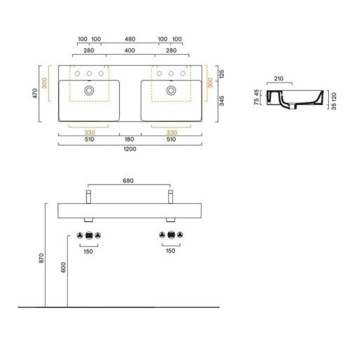 Раковина керамическая Catalano Premium 221220001 120 см подвесная цвет белый без отверстий под смеситель - фото 2