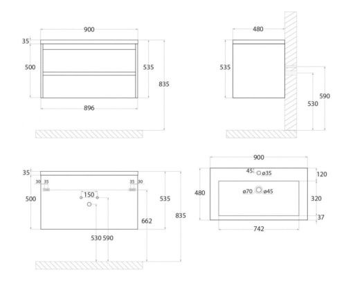 Тумба под раковину Art&Max TECHNO Family-900-2C-SO-BL 90х50 подвесная цвет белый - фото 3