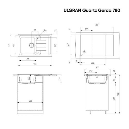 Кухонная мойка Ulgran Quartz Gerda 780-04 80х50 цвет белый - фото 2