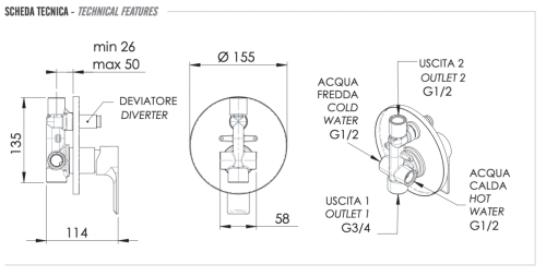 Смеситель для душа Remer Energy EY09 встраиваемый в стену хром - фото 2