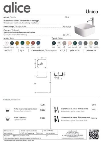 Раковина керамическая Alice Unica 32170101 40х40 накладная цвет белый - фото 5