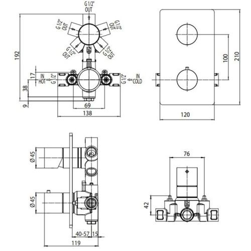 Универсальная встроенная часть для термостата на 2-5 потребителей Bossini Z001250000 - фото 2