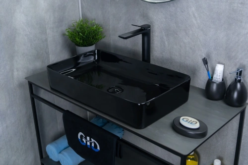 Раковина керамическая Gid Geométrico 53346 60х30 накладная цвет черный без отверстий под смеситель - фото 3