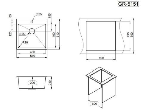 Кухонная мойка Granula 5151, СТАЛЬ САТИН 50х50 цвет нержавеющая сталь поверхность матовая - фото 3