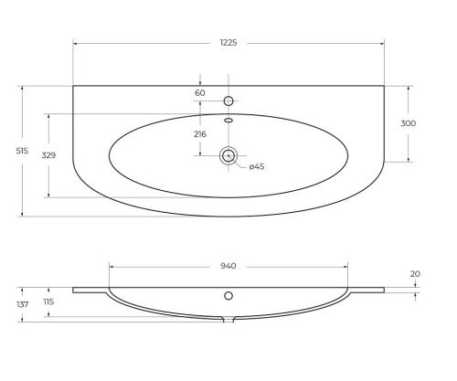 Раковина из искусственного камня Cezares EDEN 50178 120х50 подвесная цвет белый 1 отверстие под смеситель - фото 2