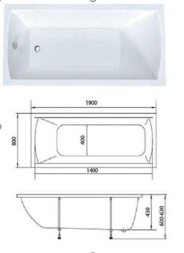 Ванна акриловая 1MarKa MODERN 01мод1980 190х80 пристенная прямоугольная без каркаса - фото 4