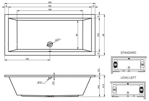 Ванна акриловая Riho LUSSO B016001005 200х90 пристенная прямоугольная без ножек - фото 2