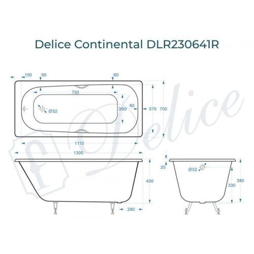 Ванна чугунная Delice Continental DLR230641R 130х70 пристенная прямоугольная без ножек с отверстиями под ручки - фото 2