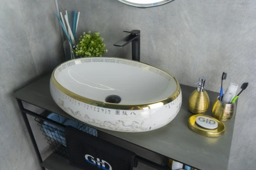 Раковина керамическая Gid Lago 52222 60х40 накладная цвет белый/золото без отверстий под смеситель - фото 2