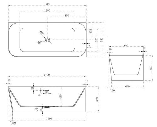 Ванна из искусственного камня Abber Stein AS9621-1.7 R 170х75 пристенная асимметричная с ножками - фото 5