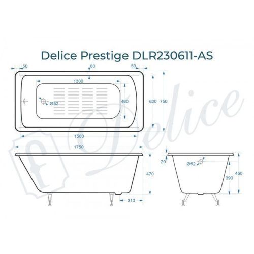Ванна чугунная Delice Prestige DLR230611-AS 175х75 пристенная прямоугольная без ножек с антискользящим покрытием - фото 2