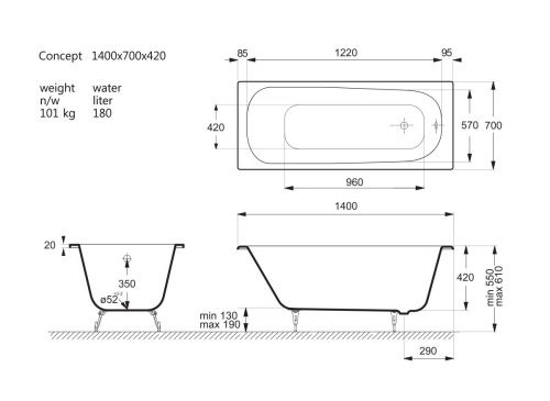 Ванна чугунная Vinsent Veron Concept VCO1407042 140х70 пристенная прямоугольная с ножками - фото 4