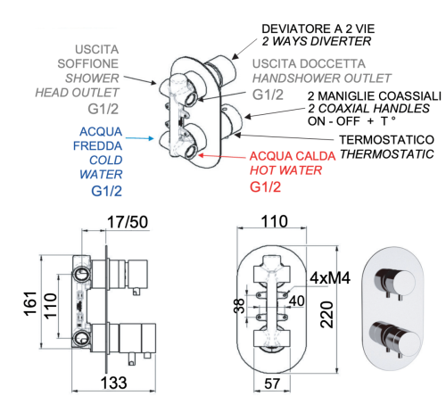 Смеситель для душа Remer Elegance NT92 встраиваемый в стену хром с термостатом - фото 2