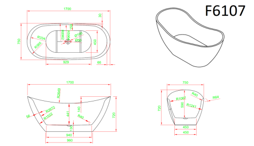 Ванна акриловая Frank 12520 170х75 отдельностоящая овальная с ножками - фото 2