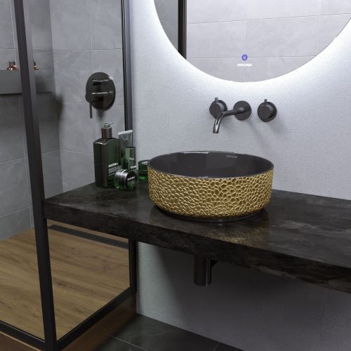 Раковина из сантехнического фаянса Grossman Color GR-5010GBL 40х40 накладная цвет черный/золото без отверстий под смеситель - фото 2