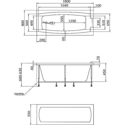 Ванна акриловая 1MarKa AELITA 01ае1880 180х80 пристенная прямоугольная без каркаса - фото 5
