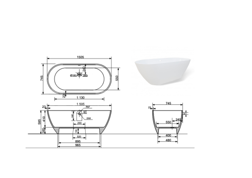 Ванна из литьевго мрамора Taliente Nemi NE15075 150х75 отдельностоящая овальная без ножек и каркаса - фото 5