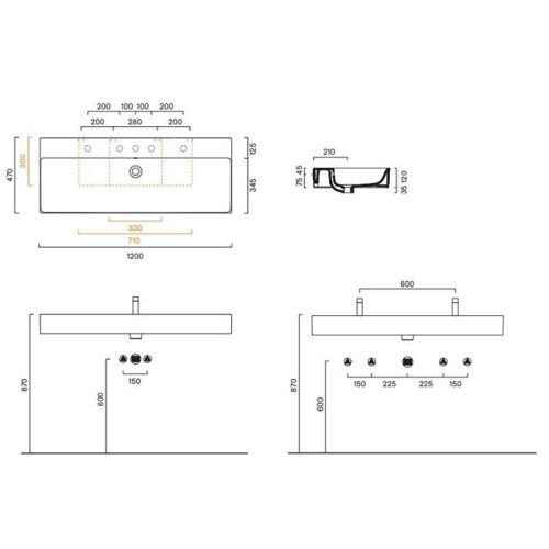 Раковина керамическая Catalano Premium 221200001 120 см подвесная цвет белый без отверстий под смеситель - фото 2