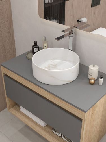 Раковина из сантехнического фарфора Teymi Lina T50182 36х36 накладная цвет белый мрамор без отверстий под смеситель - фото 4