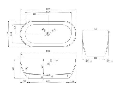 Ванна из искусственного камня Abber Stein AS9613-1.6 160х75 отдельностоящая овальная с ножками - фото 5