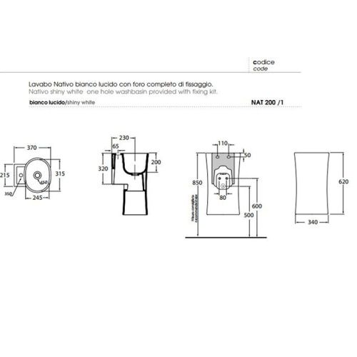 Раковина из сантехнического фаянса Azzurra Nativo LALS035370NM/(NAT200/1 bi)*1 40х40 подвесная цвет белый 1 отверстие под смеситель - фото 2