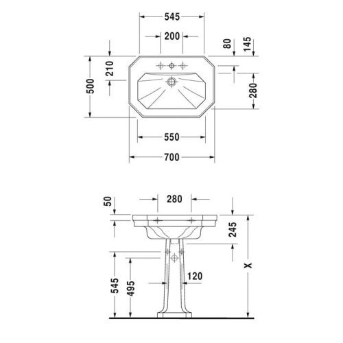 Раковина керамическая Duravit 1930 4387000301 70 см подвесная цвет белый 3 отверстия под смеситель - фото 2