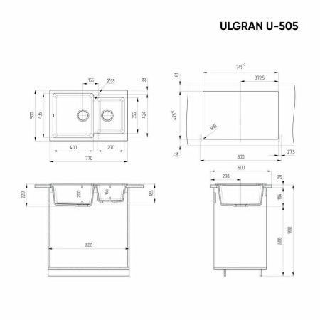 Кухонная мойка Ulgran Classic U-505-308 75х50 цвет черный