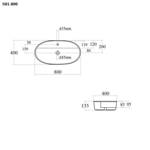 Раковина из сантехнического фарфора Bond Oval S01-800 80х40 накладная цвет белый 1 отверстие под смеситель - фото 2