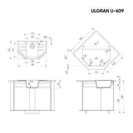 Кухонная мойка Ulgran Classic U-609-344 80х50 цвет черный