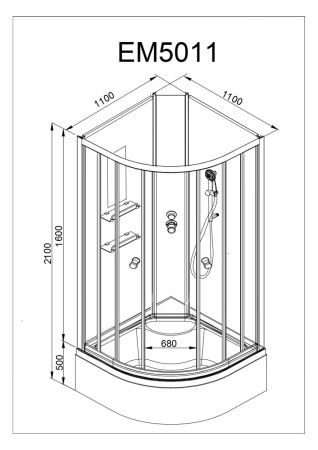 Душевая кабина AvaCan EM5011NLED+GM 110х110 четверть круга с крышей ориентация универсальная