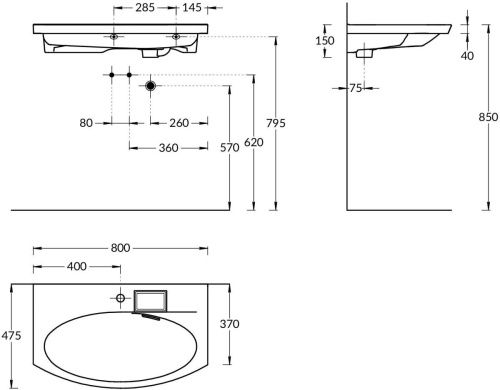Раковина керамическая Kerama Marazzi RIVA RV.wb.80 80х50 подвесная цвет белый 1 отверстие под смеситель - фото 2