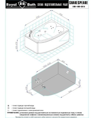 Ванна акриловая Royal Bath SHAKESPEARE RB652100CM-R 170х110 пристенная асимметричная с каркасом - фото 3