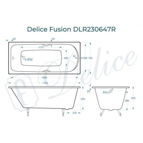 Ванна чугунная Delice Fusion DLR230647R 170х70 пристенная прямоугольная без ножек с отверстиями под ручки - фото 2