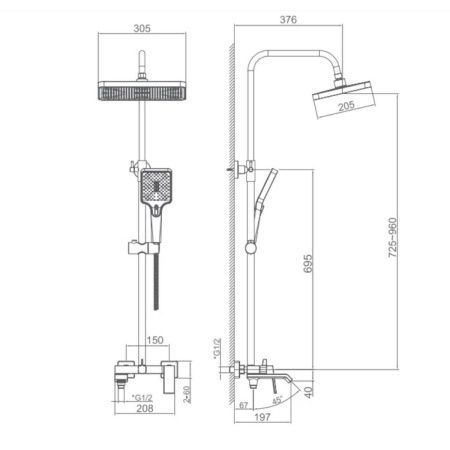 Душевая стойка Haiba HB24575-3 настенная цвет оружейная сталь